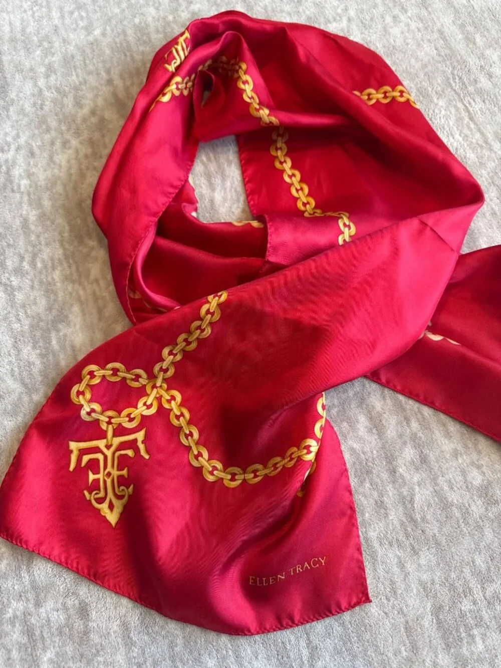 Vibrant Rectangle Red with Gold Chain 100% Silk Scarf Ellen Tracy